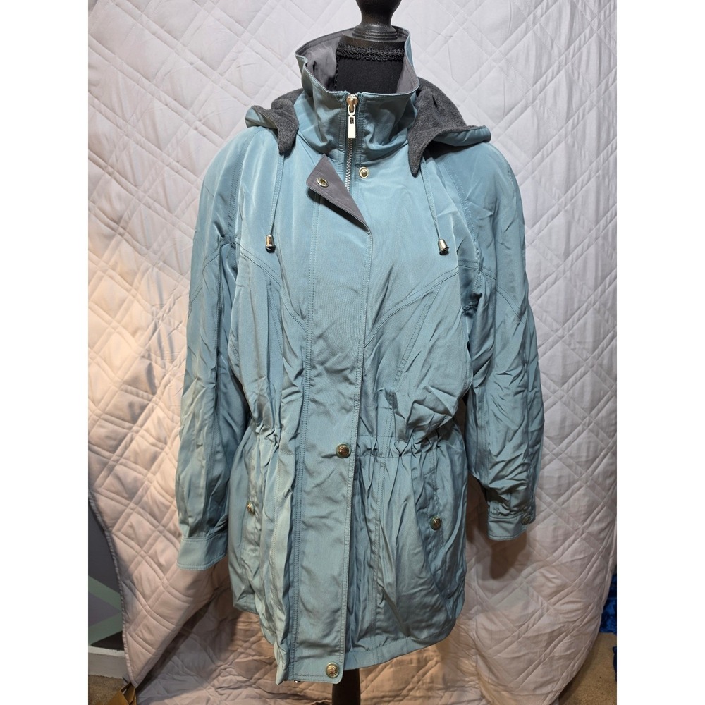Outbrook Womens Faux Silk Jacket Blue Removable Fleece Lining Hooded Large NOS